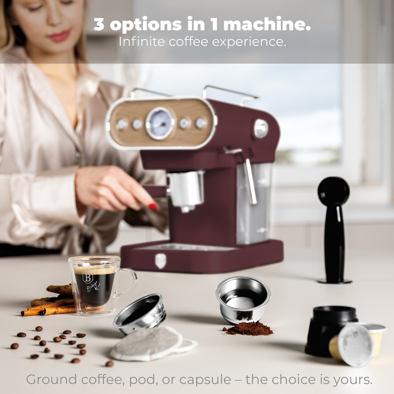Espressor 3 in 1 Berlinger Haus, Leonardo Nordic, 950W, 23x26.5x30.5 cm, inox, visiniu mat/natur - imagine 2