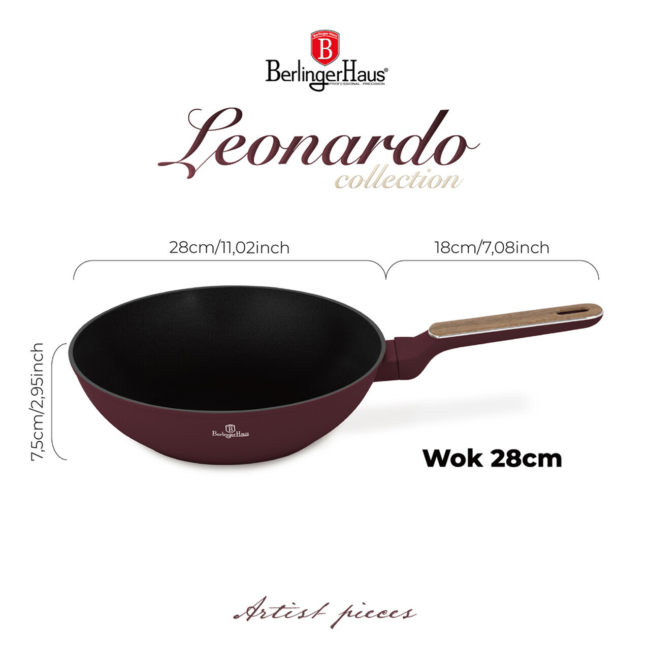 Tigaie Wok Berlinger Haus, Leonardo Nordic, 28 cm, 3.5 L, aluminiu forjat, visiniu mat - imagine 11