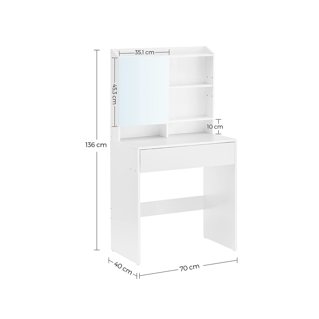 Masa de toaleta cu oglinda / masuta dressing, Vasagle, 70x40x136 cm, PAL/oglinda, alb