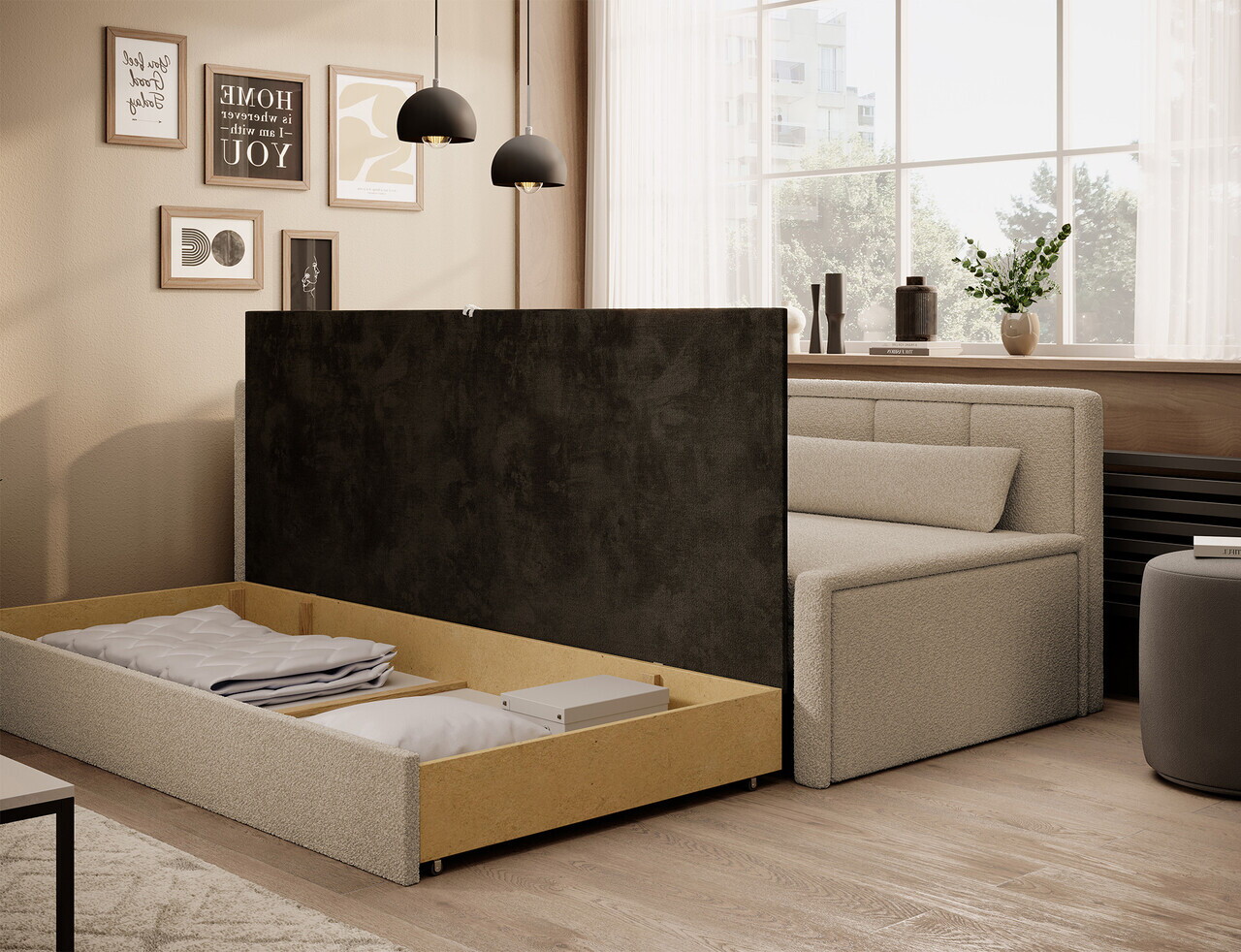 Canapea extensibila brat stanga 3 locuri ELTAP, Fulgeo, 214x82x77 cm, lemn/catifea din poliester, bej - view 6