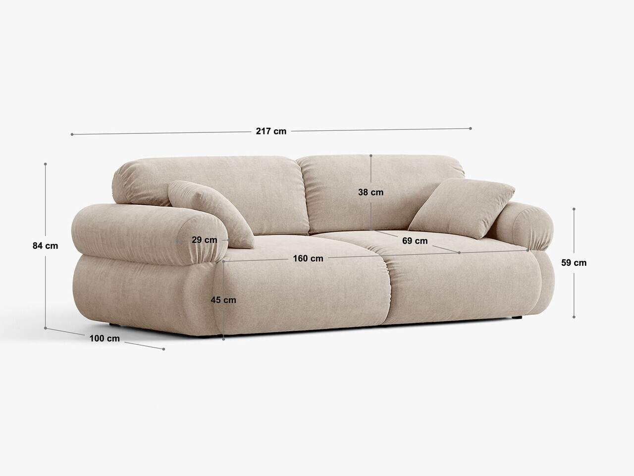 Canapea 3 locuri, Ophelia, Micadoni Home, 217x100x84 cm, catifea, bej — imaginea 7