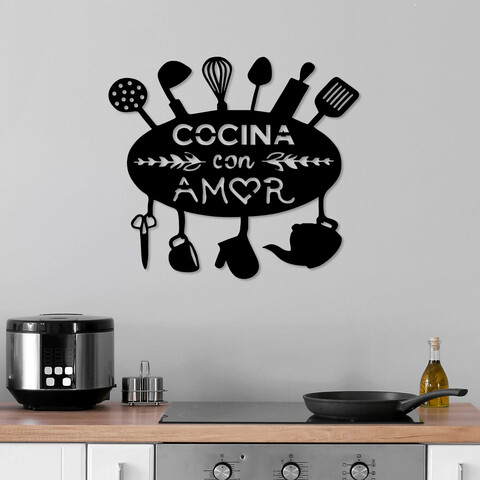 Decoratiune de perete, cocina con amor, metal, 49 x 1,5 x 43 cm, negru