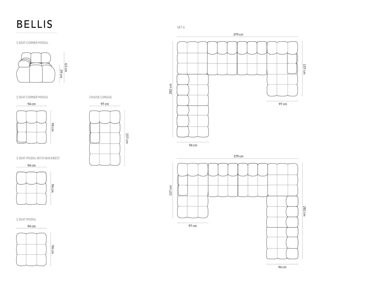 Coltar panoramic dreapta 7 locuri design modular, Bellis, Micadoni Home, BL, 379x282x63 cm, catifea, caramiziu