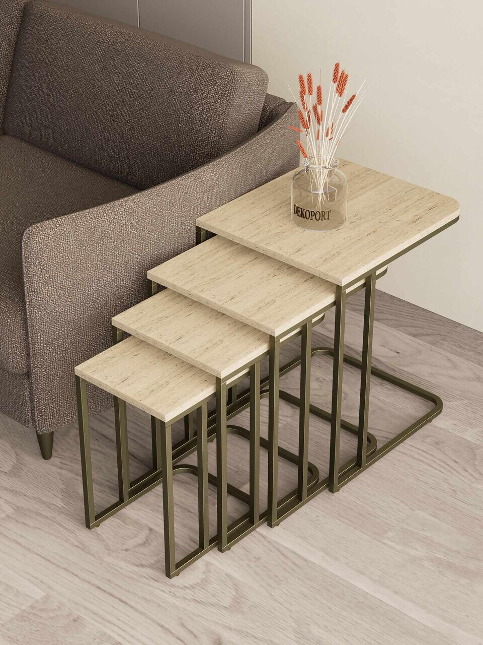 Set masute Nesting 4 piese, Hanah Home, Tekerli, Antic / Travertin