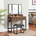 Masa de toaleta cu oglinda si taburet / masuta dressing, Vasagle Industrial, 90x40x141 cm, PAL/oglinda, maro