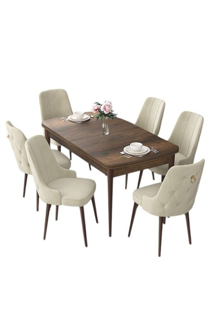 Set masa extensibila si scaune (7 piese), Hanah Home, Nex, Model baroc din lemn / Crem — imaginea 2