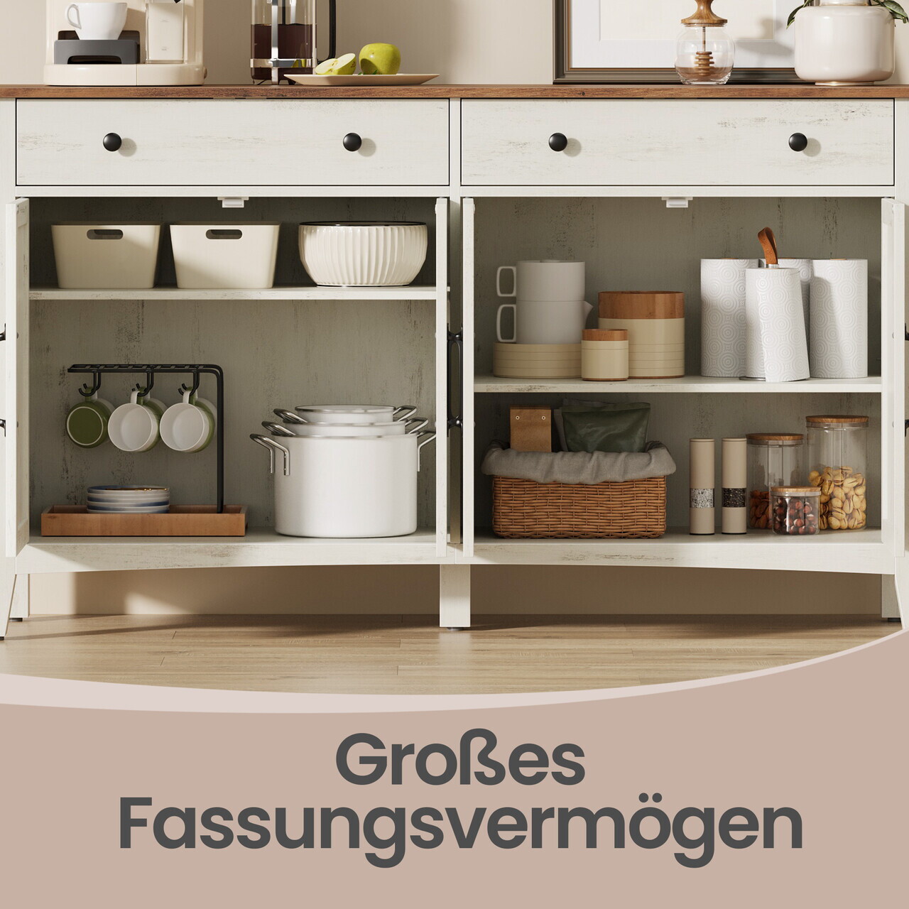Bufet cu 4 usi si 2 sertare, Country Style, Vasagle, 140x40x80 cm, MDF/PAL, alb rustic — imaginea 7