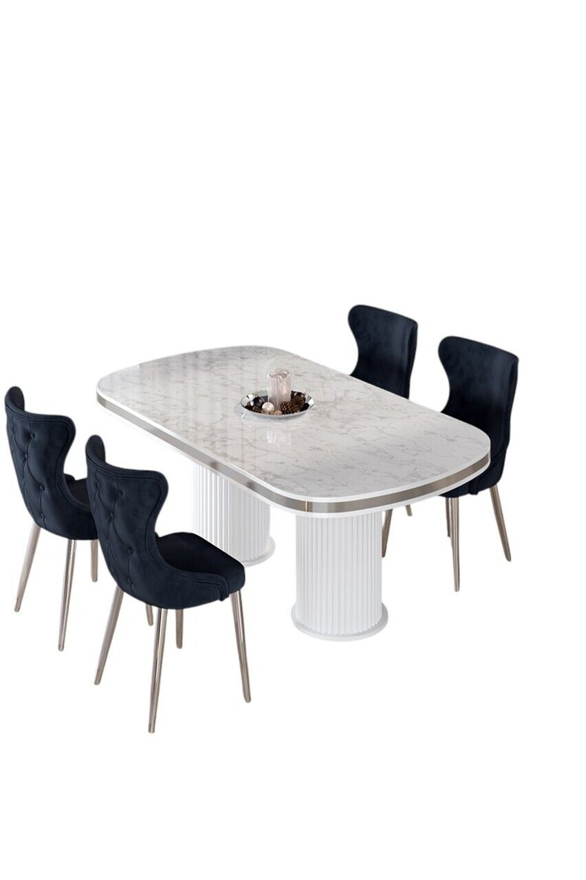 Set masa si scaune (5 piese), Hanah Home, Galya, Model de marmură albă / Crom / Antracit — imaginea 2