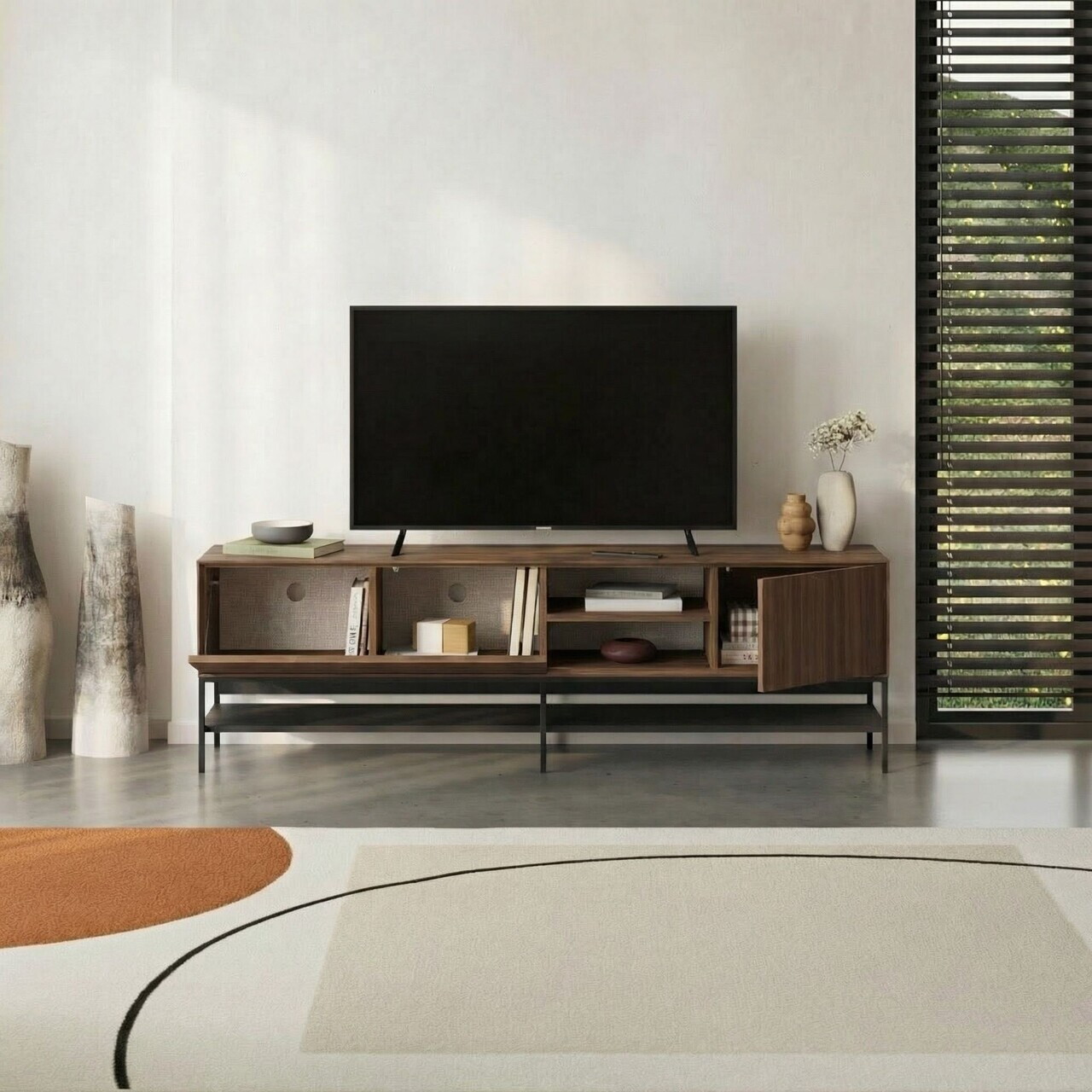 Comoda TV, Hanah Home, Amira, 180x55x35 cm, PAL, Nuc Milano / Negru lemn / Negru — imaginea 3