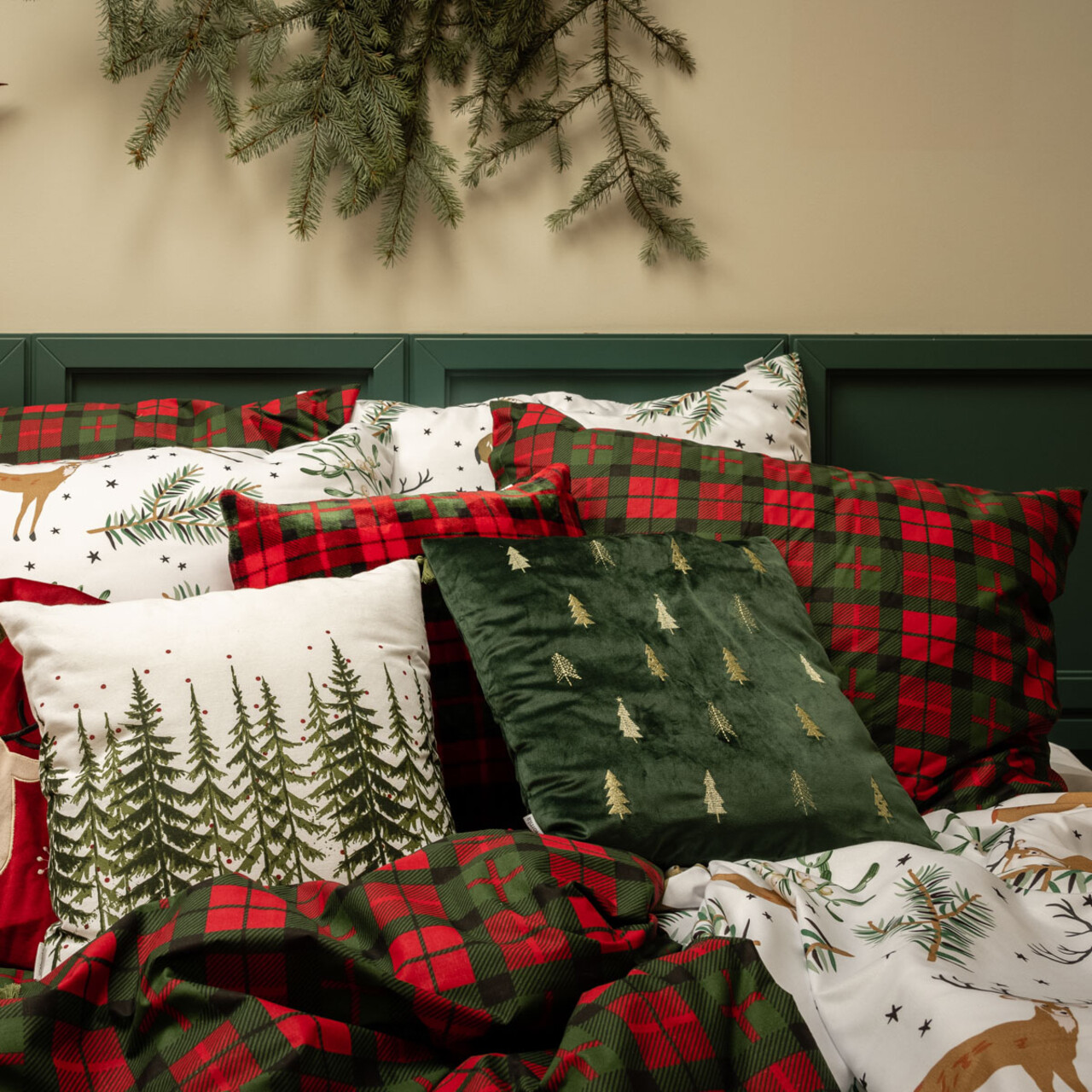 Lenjerie de pat King Size, Tartan, Homla, 3 piese, 200x220 cm, bumbac, rosu/verde