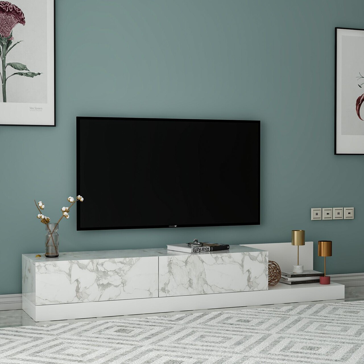 Comoda TV, Hanah Home, Major, 180x30x37 cm, PAL, Marmură Marmo / Alb — imaginea 3