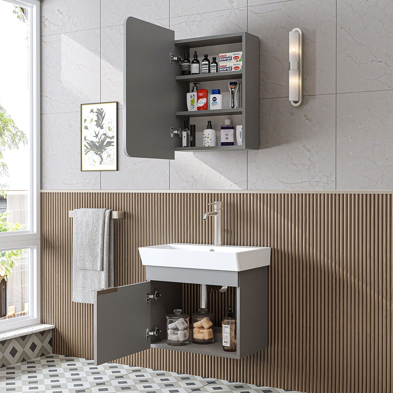 Set Dulap de Baie cu Chiuvetă și Oglindă (2 Piese), Hanah Home, 2928, MDF, Frasin — imaginea 4