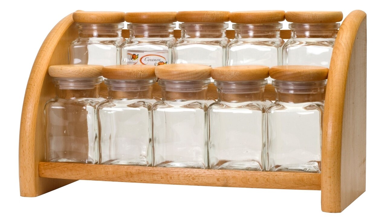Set 10 recipiente condimente + suport President, Practic, 120-150 ml, lemn de fag/sticla