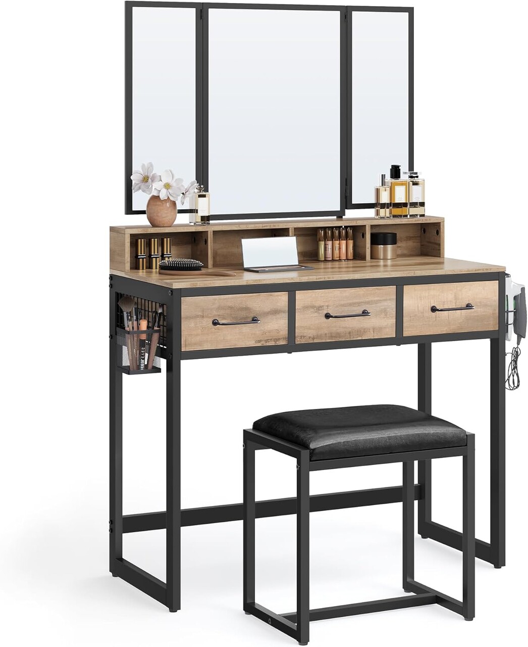 Masa de toaleta cu taburet / Masuta dressing, Vasagle, Industrial, 90x40x141 cm, PAL/otel/piele ecologica, natural - 1 | YEO