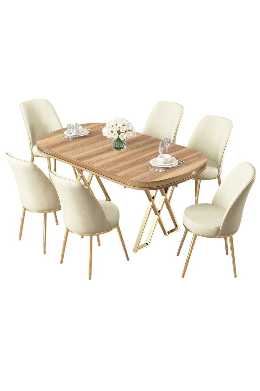 Set masă și scaune (7 piese), Hanah Home, Lai, Nuc deschis / Auriu / Crem - imagine 2