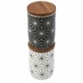 Set 2 recipiente cu capac Geometry, Jocca, 10 x 15 cm, portelan/salcam, alb/negru/natur