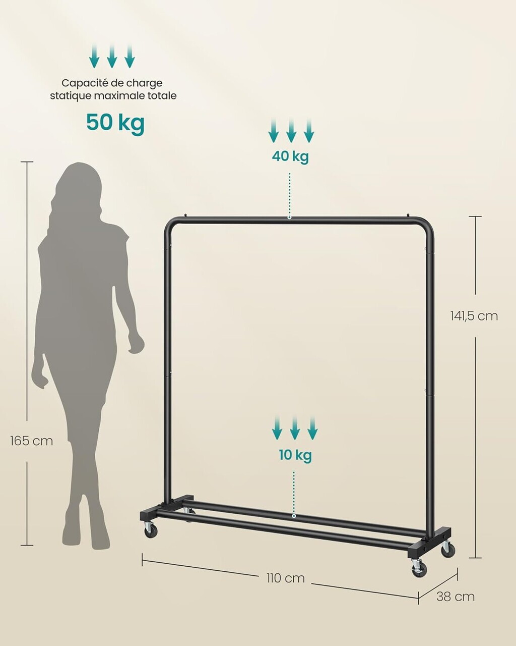 Suport pentru umerase, Songmics, cu roti, 110x38x141.5 cm, otel, negru - view 3