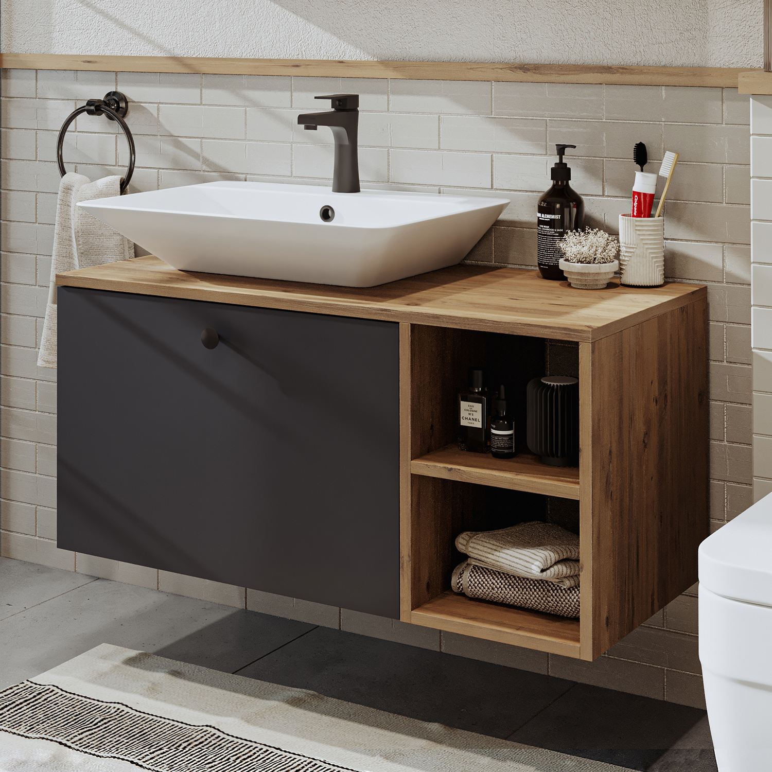Dulap de baie cu chiuvetă, Hanah Home, 2454, 95x56.5x45 cm, MDF, Pin Atlantic / Antracit