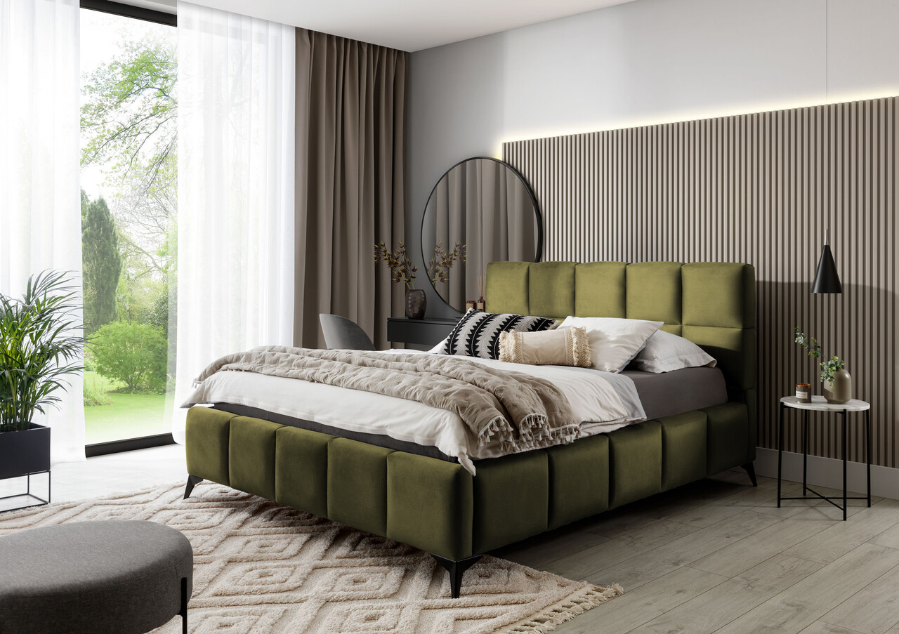Pat tapitat cu somiera si lada depozitare, 140x200 cm, ELTAP, BE-MIS-33NU, Mist, lemn/poliester, verde olive