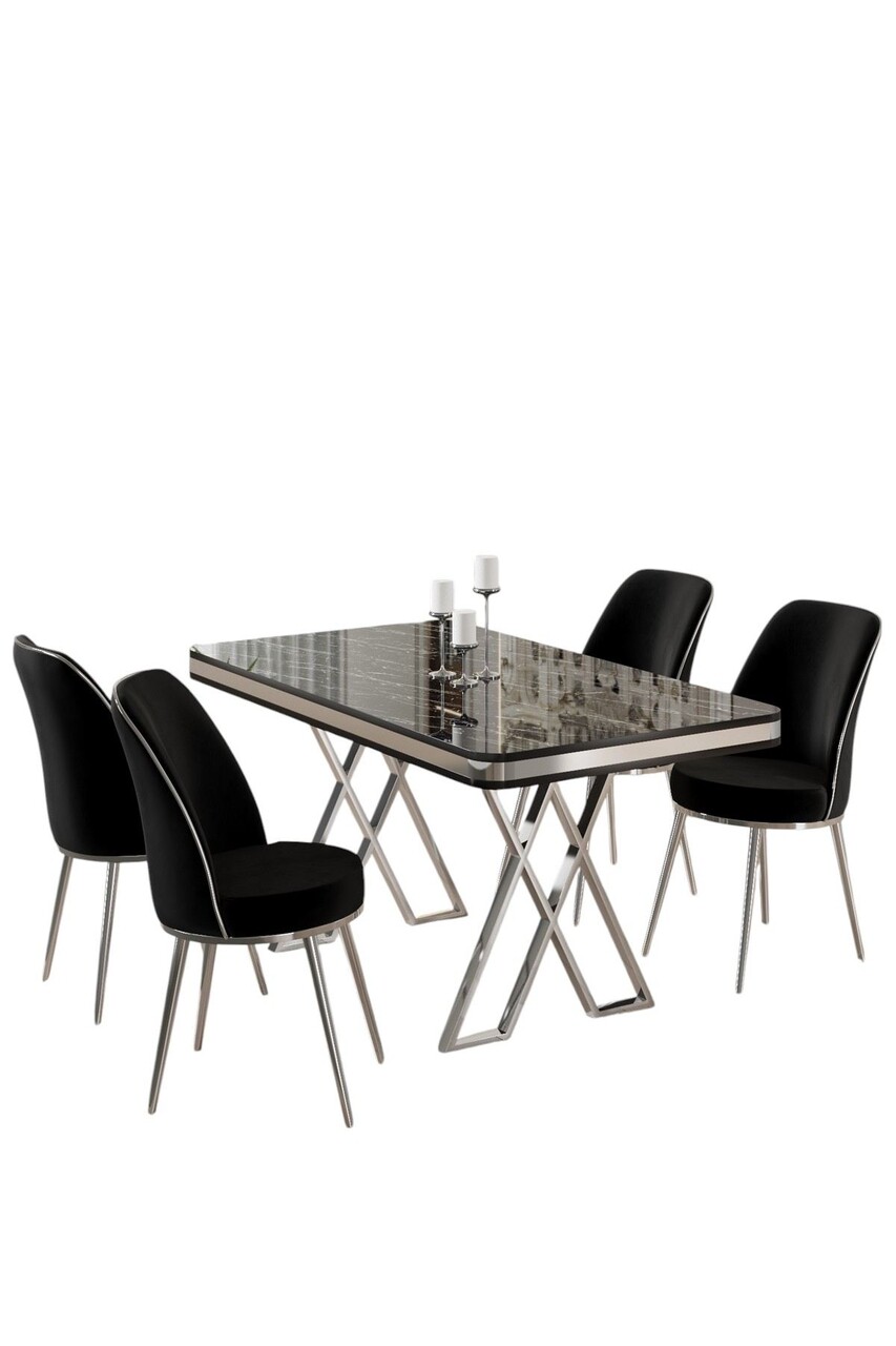 Set masă și scaune (5 bucăți), Hanah Home, Vals, Marmură neagră / Crom / Negru - imagine 2