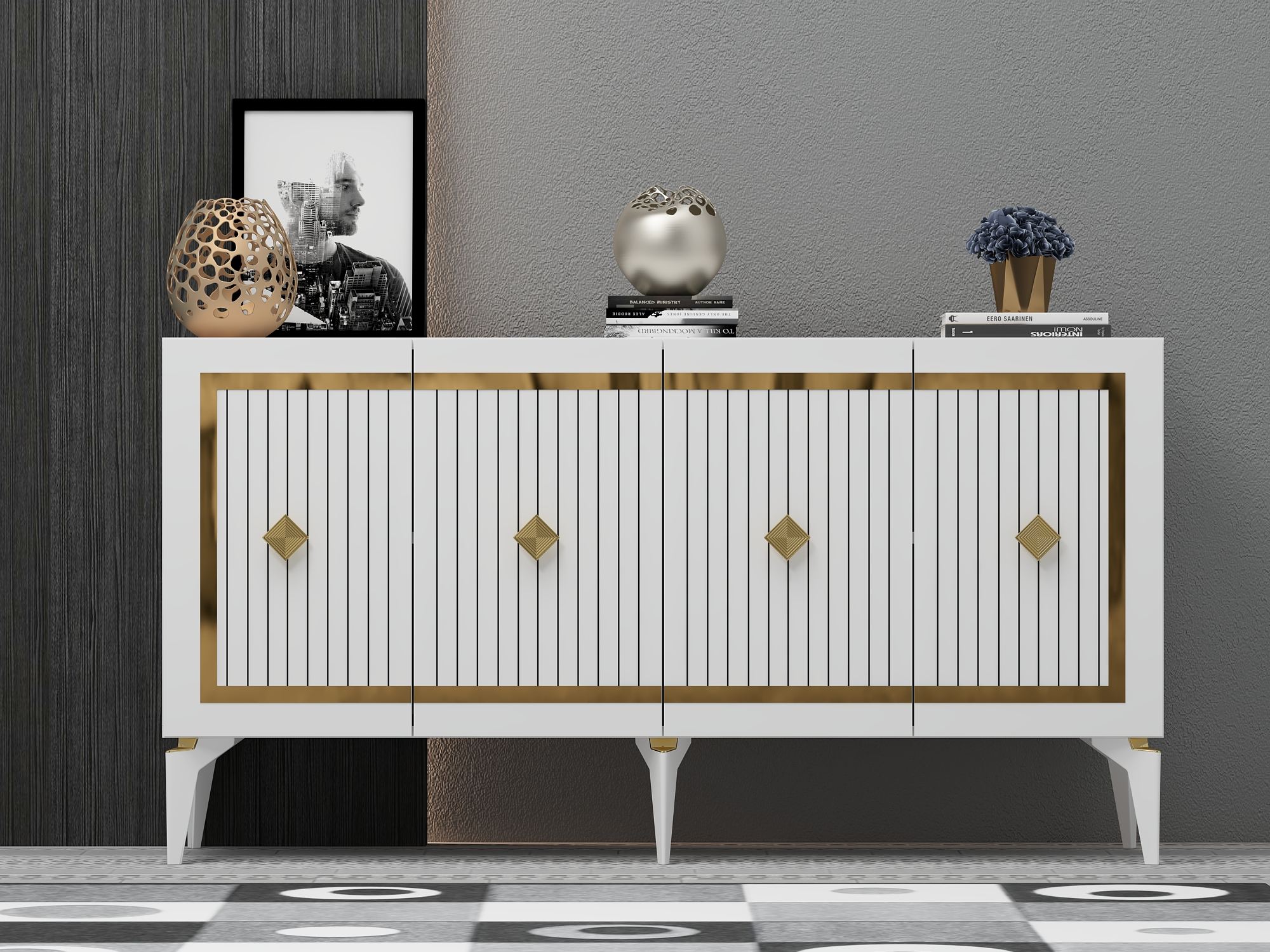 Consola, Hanah Home, Nova, 150x79x40 cm, PAL , Alb/Auriu