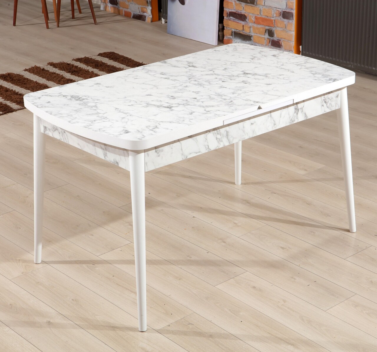 Masa de sufragerie extensibila, Beckley, Carrara, 132x79x76.5 cm, Alb/Gri