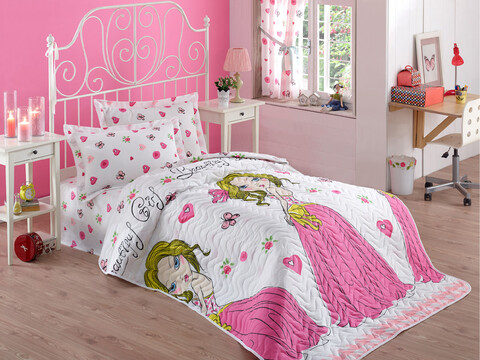 Set cuvertura matlasata Single 160x220 cm, 2 piese, Beatiful Girl - White, EnLora Home, 65% bumbac/35% poliester