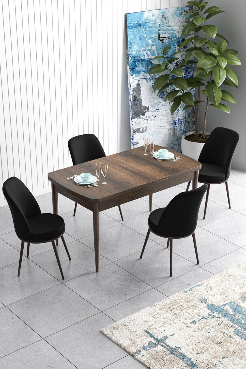 Set masa extensibila si scaune (5 piese), Hanah Home, Han, Model baroc din lemn / Negru