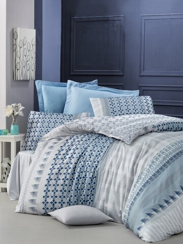 Lenjerie de pat dubla King Size, Victoria, Ilya, 6 piese, 100% bumbac satinat, tesatura Jacquard, albastru mezoni.ro