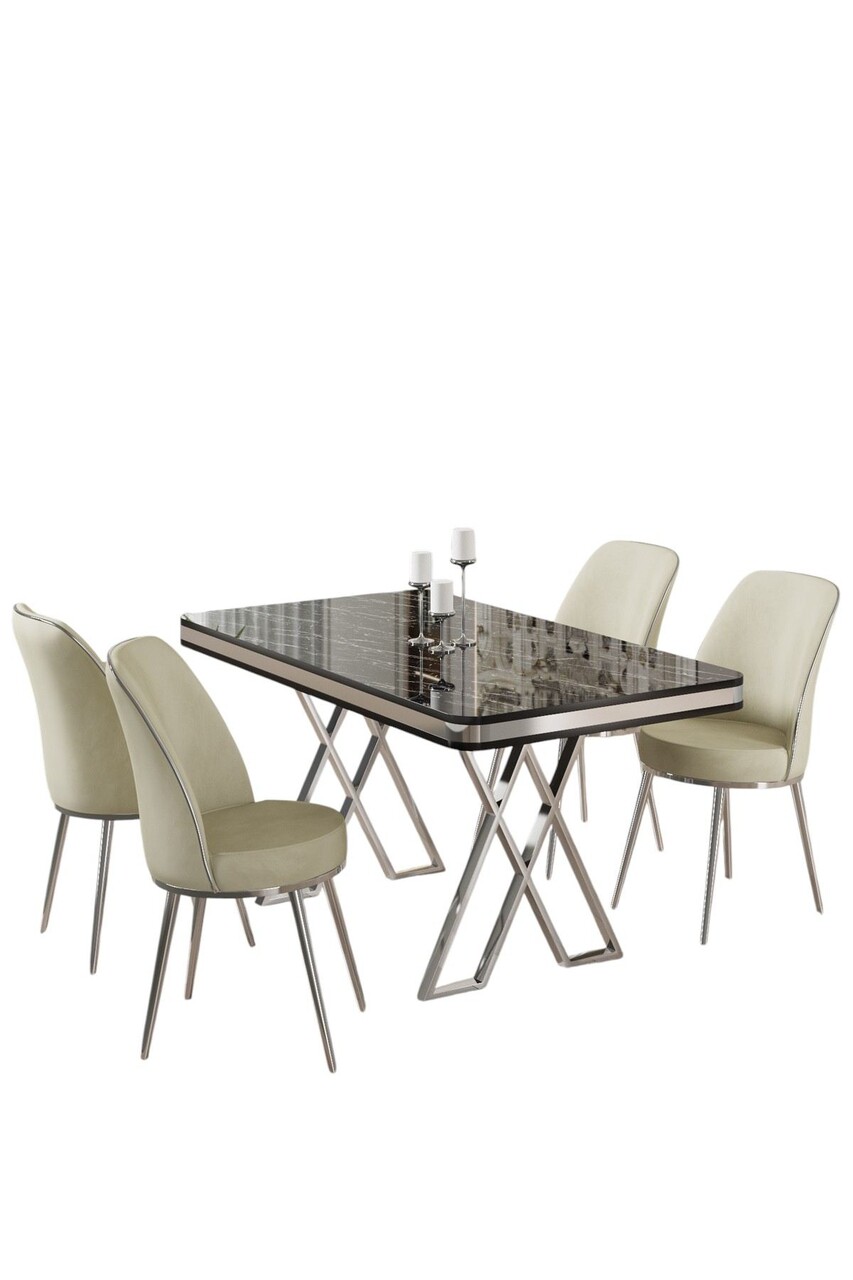 Set masă și scaune (5 bucăți), Hanah Home, Vals, Marmură neagră / Crom / Crem - imagine 2