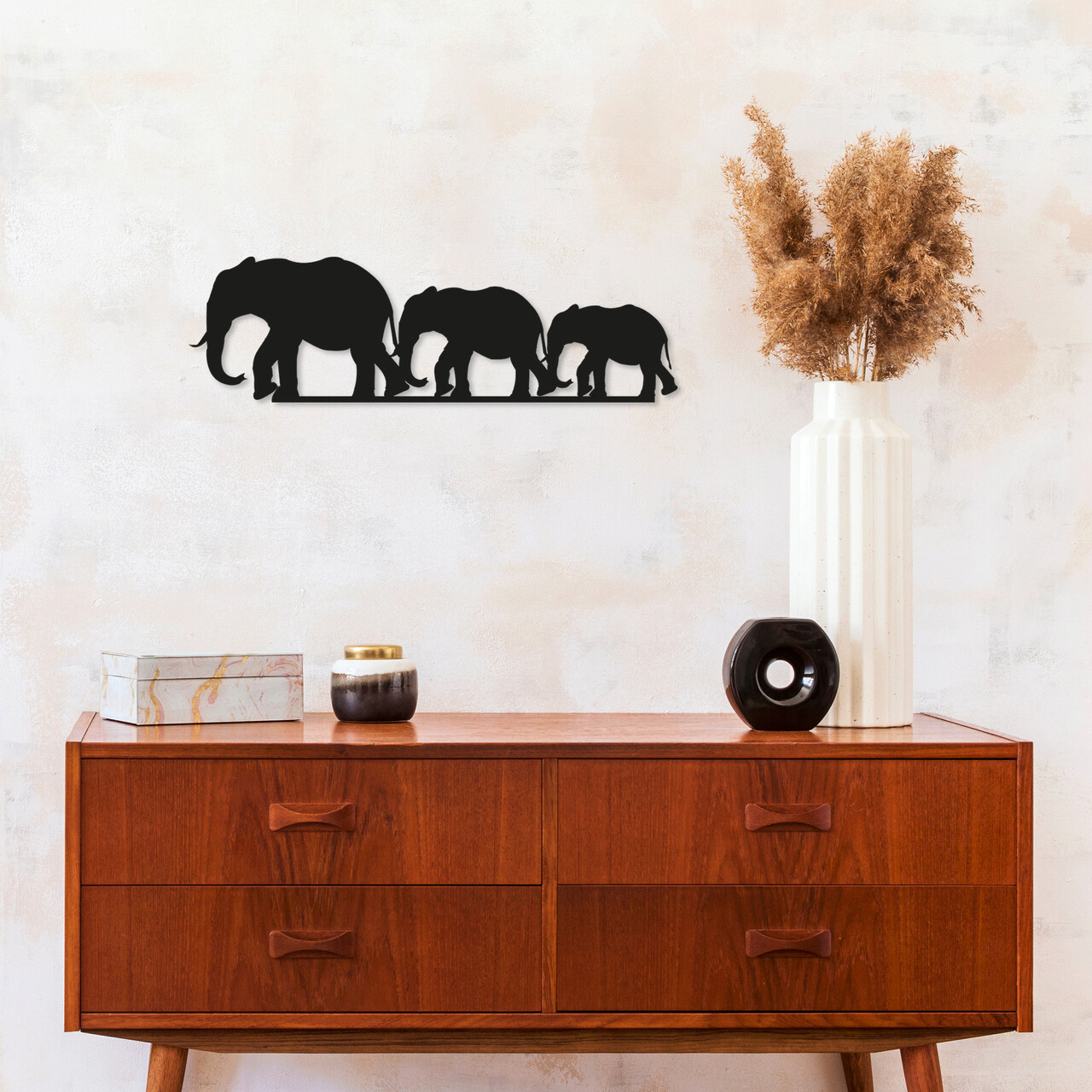 Decoratiune de perete, Elephants, Dimensiune: 15 x 50 cm, Negru