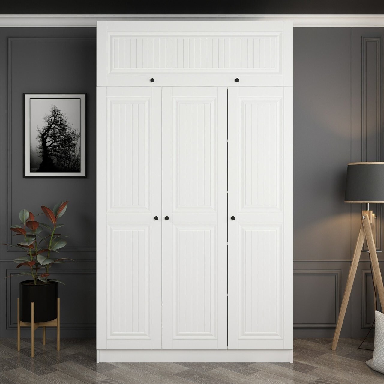 Dulap pentru haine, Minerva, Minar 3 Mebran Kapak 2 Çekmece 255, 135x255x52 cm, PAL, Alb - 1 | YEO