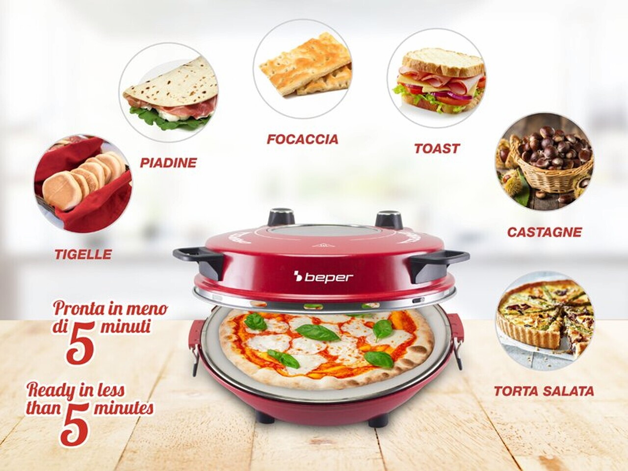 Cuptor electric pizza Beper, 36x35x17.5 cm, 1200W, 5 trepte, ceramica/inox, rosu - view 4