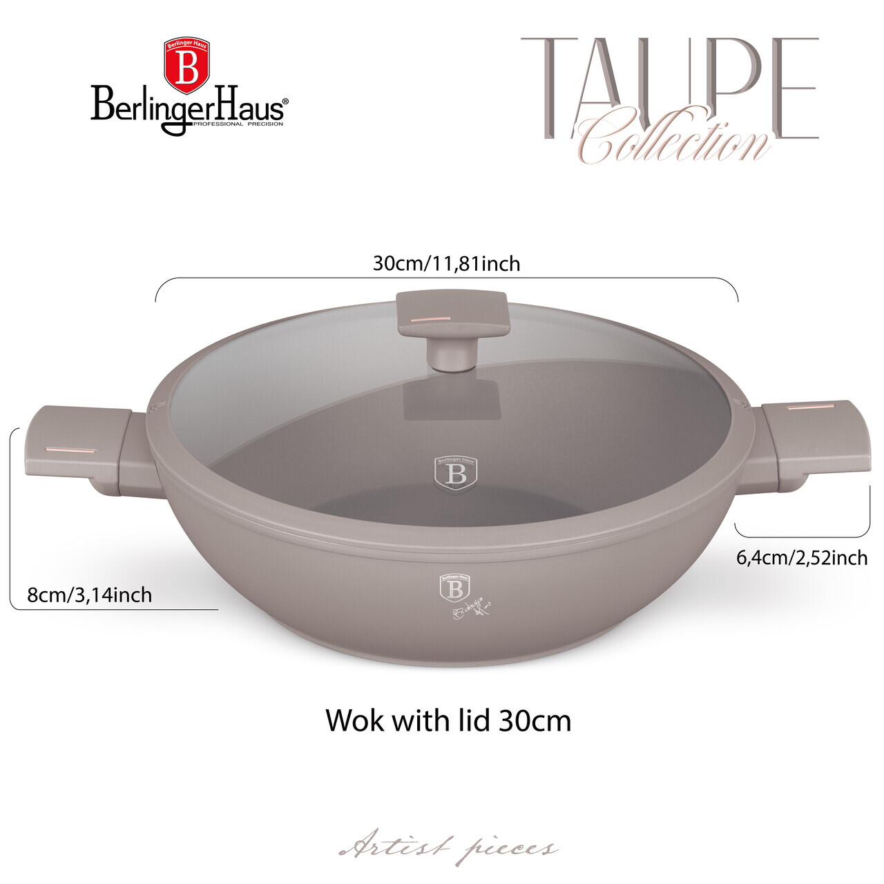Tigaie Wok cu capac Berlinger Haus, Taupe, 30 cm, aluminiu forjat, taupe mat - imagine 9