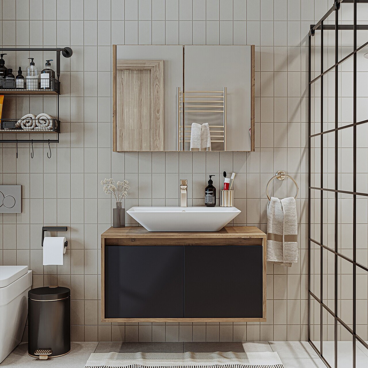 Set Dulap de Baie cu Chiuvetă și Oglindă (2 Piese), Hanah Home, 1710, MDF-LAM, Pin Atlantic / Antracit — imaginea 2