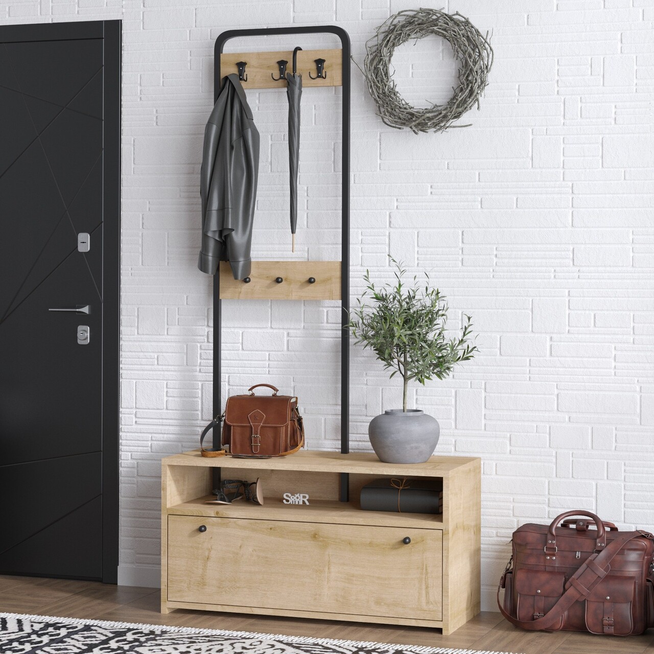 Cuier de perete, Emerald, Nicole, 90x170x35 cm, PAL, Nuc / Negru - 2 | YEO