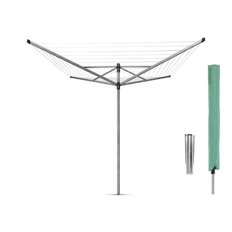 Uscator de rufe rotativ cu 4 brate + cu suport fixare pamant + husa, Brabantia, Lift-O-Matic, 50 m capacitate de uscare, otel, gri metalizat