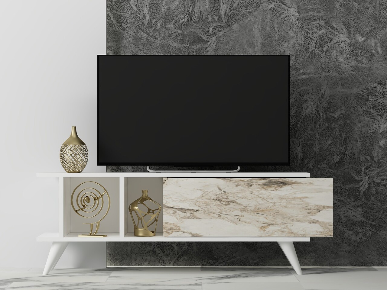 Comoda TV, Odessa, Liberty, 120x30x45 cm, PAL, Alb / Marmură