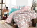 Lenjerie de pat dubla, 6 piese, 240x260 cm, 100% bumbac satinat, Nazenin Home, Damask Turquoise, alb/albastru/roz