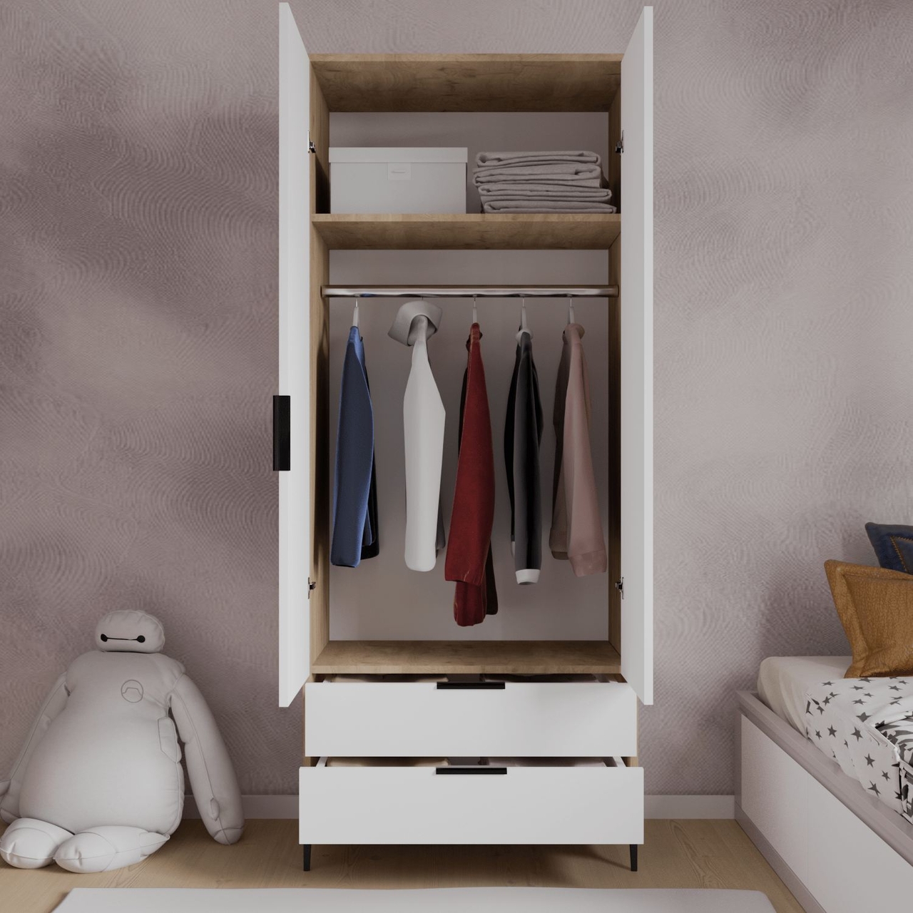 Dulap pentru haine, Hanah Home, Aden Drawes, 80x192x45 cm, Stejar / Alb - view 4
