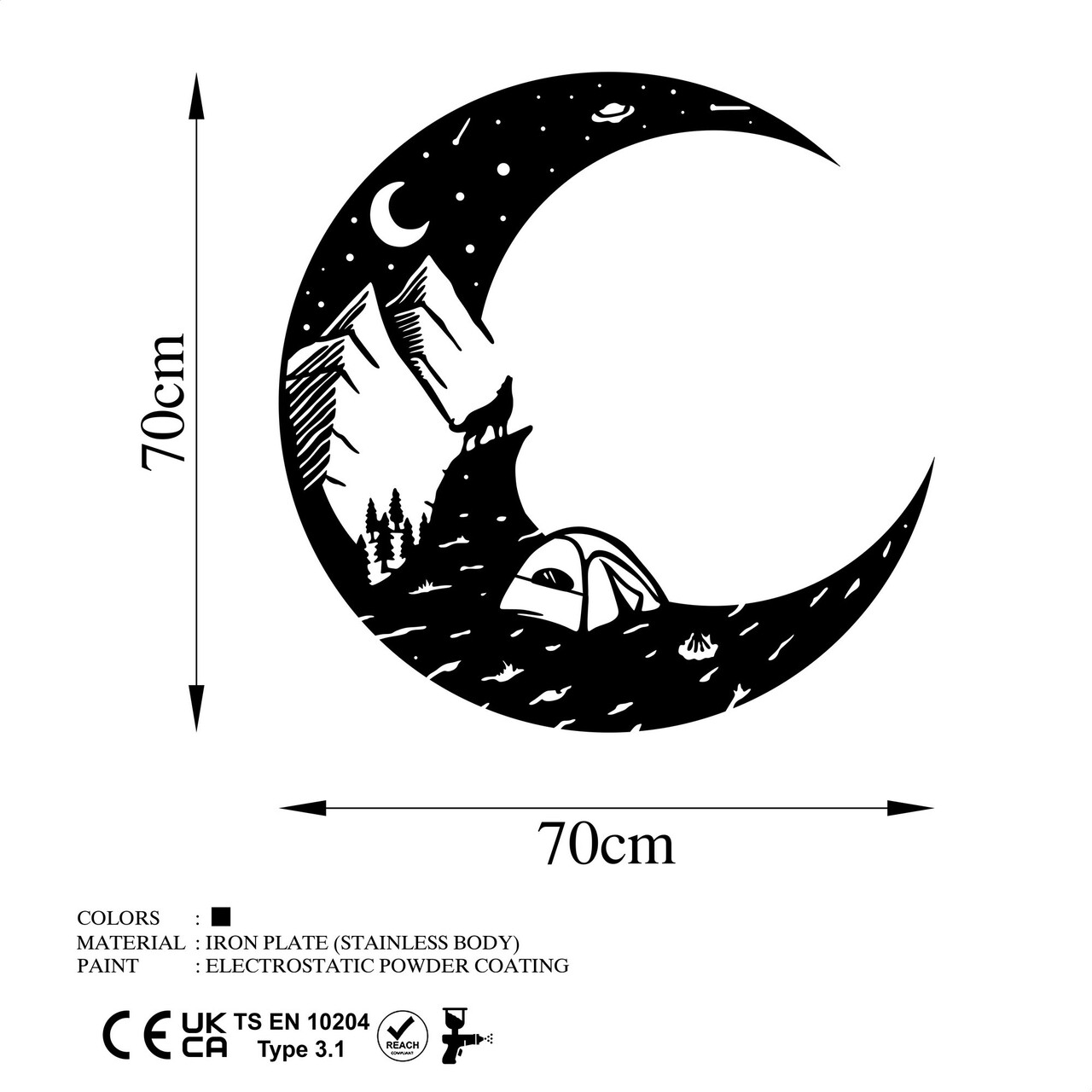 Decoratiune de perete, Moonlight Camp, Metal, Dimensiune: 70 x 70 cm, Negru