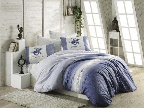 Lenjerie de pat pentru o persoana, Exclusive Blue, Beverly Hills Polo Club, 3 piese, 160 x 240 cm, 100% bumbac ranforce, albastru/alb/gri