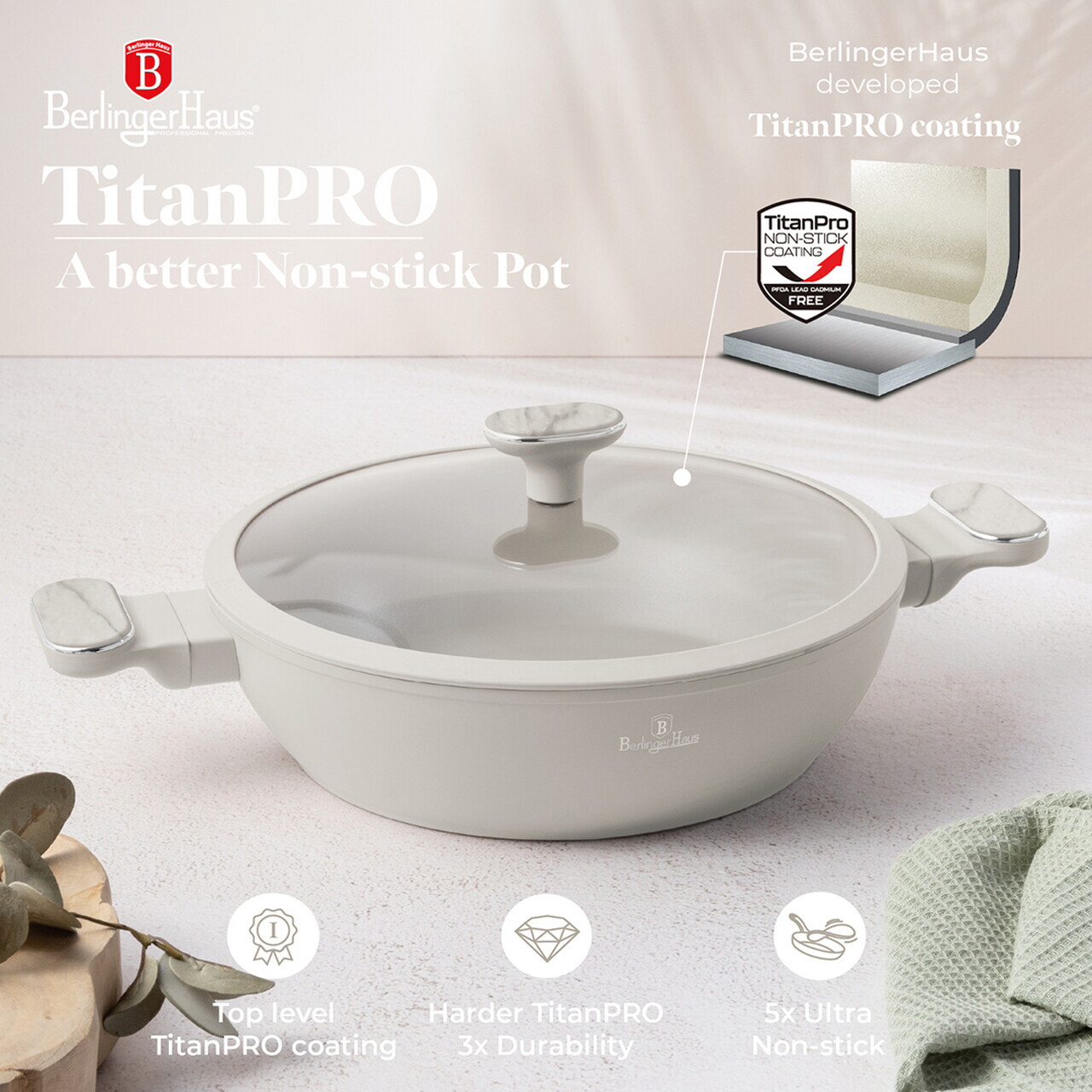 Oala cu capac Berlinger Haus, Sahara Marble, 28 cm, 3.8 L, aluminiu forjat, crem mat/marmura - imagine 7