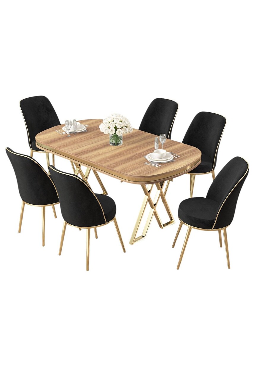 Set masă și scaune (7 piese), Hanah Home, Lai, Nuc deschis / Auriu / Negru - imagine 2