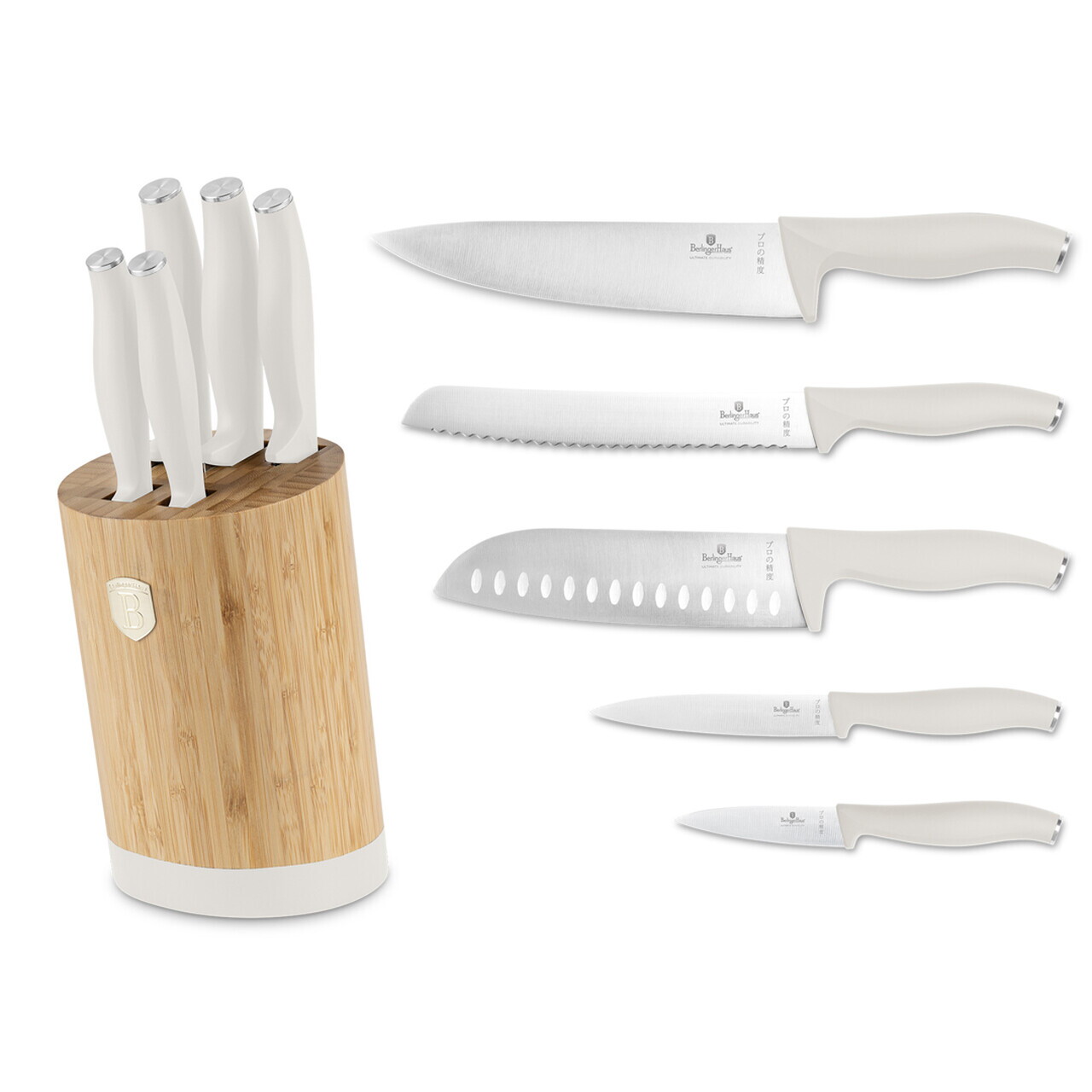 Set 5 cutite cu suport rotund Berlinger Haus, Sahara, inox/bambus, crem mat/natur - imagine 5