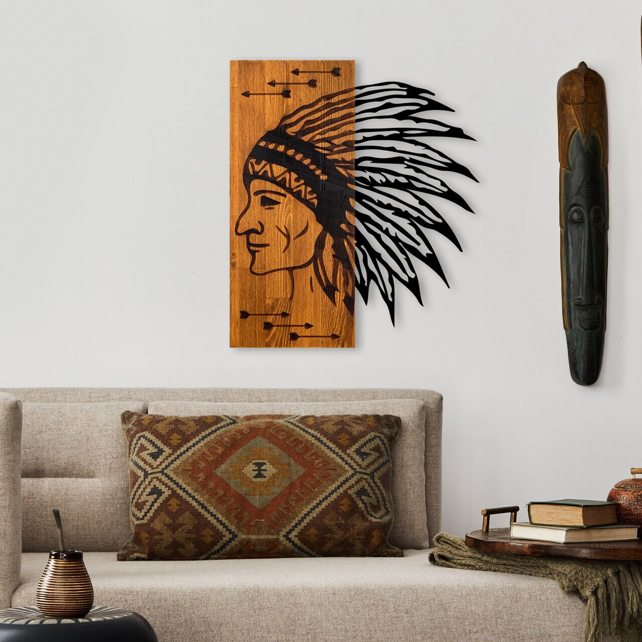 Decoratiune de perete, Apachi, Lățime: 50 cm Înălțime: 58 cm Adâncime: 3 cm, Nuc / Negru — imaginea 3