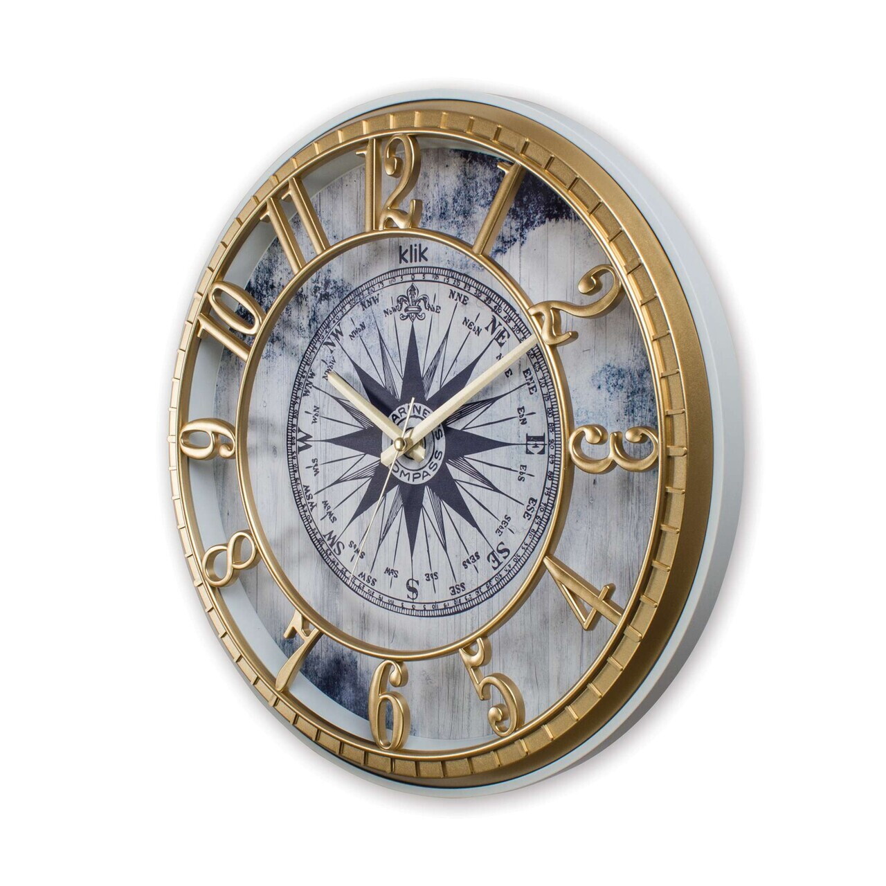 Ceas de perete decorativ, Hisar Compass, 90% PLASTIC/10% STICLĂ, Dimensiune: 40 x 40 cm, Aur / Albastru — imaginea 3