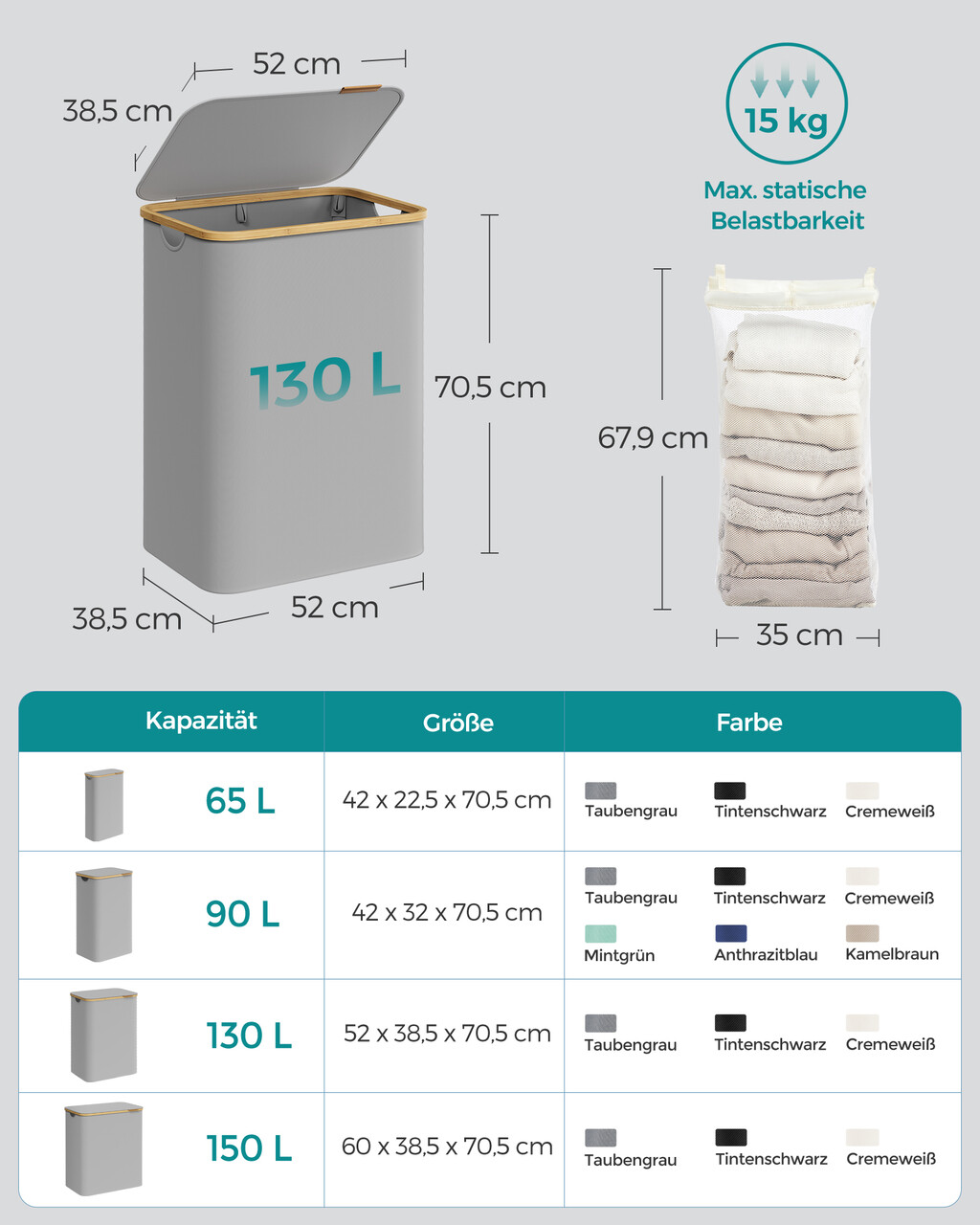 Cos de rufe textil cu 2 compartimente, Songmics, 52x38.5x70.5 cm, 130 L, bambus/tesatura Oxford, gri dove - imagine 5