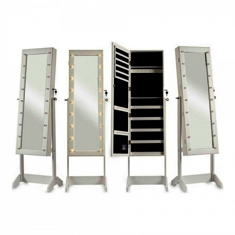 Dulap pentru bijuterii cu oglinda si LED-uri Maeve, Gift Decor, 36.5 x 36 x 140 cm, MDF/sticla