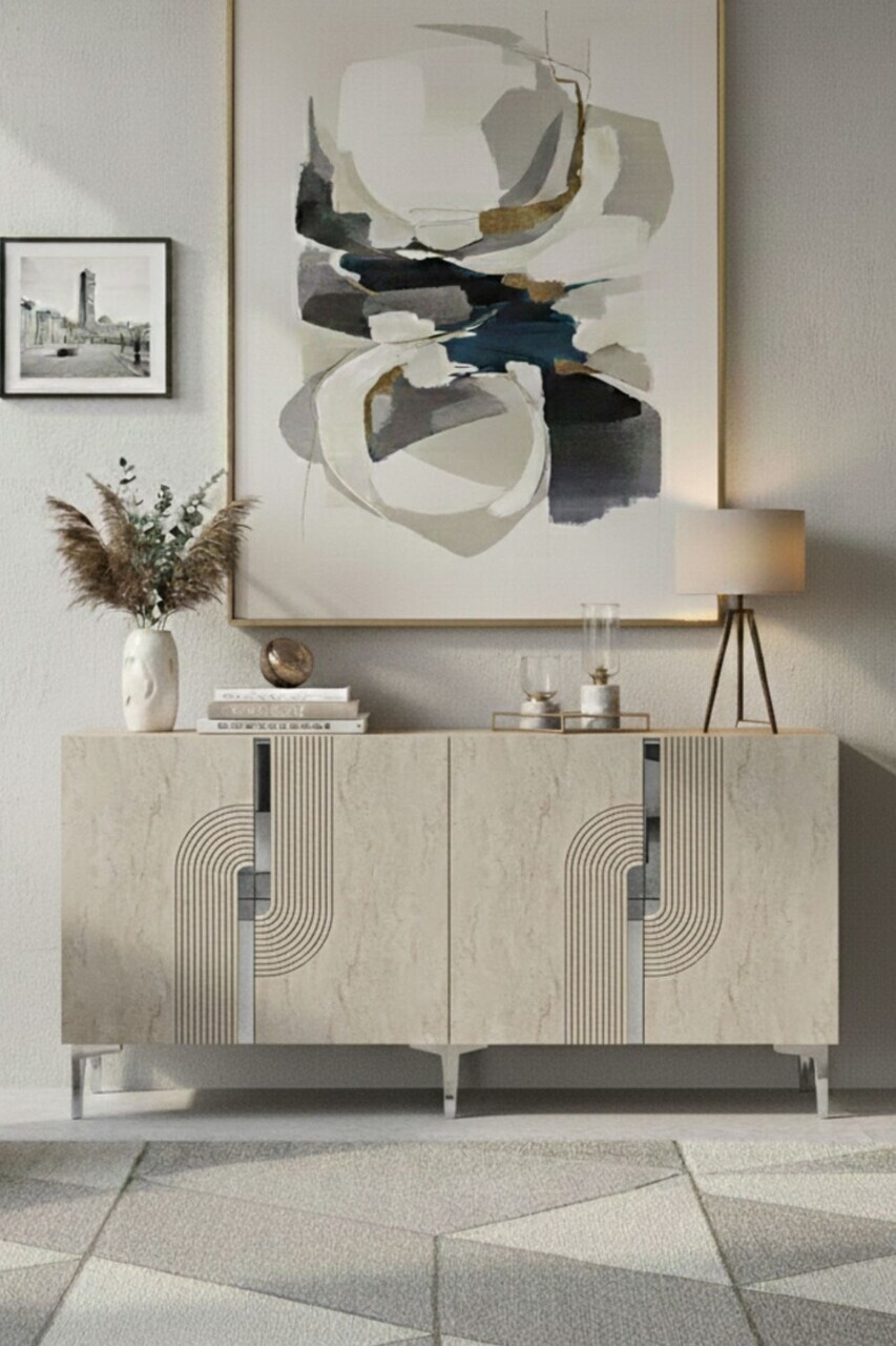 Consola, Hanah Home, Meyra 180, 180x75x32 cm, White / Travertine / Silver — imaginea 2